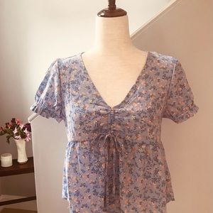 PINK ROSE Blouse COTTAGE CORE Floral “Shortie” Blue SWEETHEART  Neckline SMALL